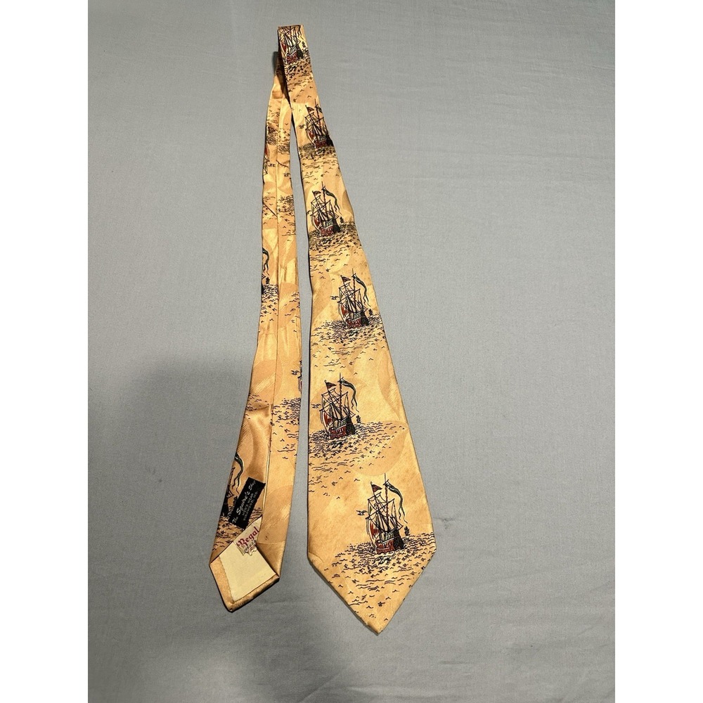 VTG 50s Regal Gold‎ Sailing Ship Pattern Silk Necktie